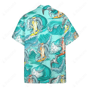 Cat Surfing Hawaii Button Shirt