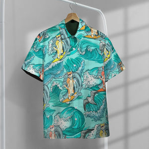 Cat Surfing Hawaii Button Shirt