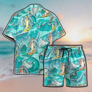 Cat Surfing Hawaii Button Shirt