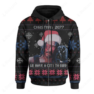 Christmas 2077 We Have A City To Burn Ugly Christmas Custom Hoodie