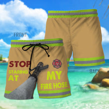Load image into Gallery viewer, Firefighter Stop Staring At My Fire Hose Beach Shorts
