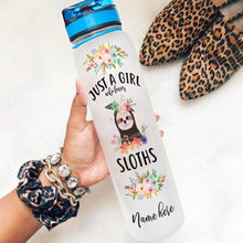 Load image into Gallery viewer, Sloth Personalized Water Tracker Bottle A Girl Loves Sloths
